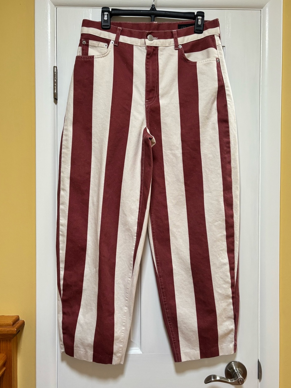 Zara Maroon and Cream Vertical-Stripe Jeans - High-Rise Fit